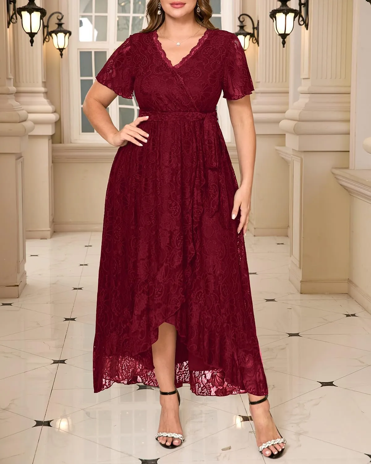 Plus Size Dresses Wedding Guest - Formal Cocktail Party Long Lace High Low Wrap V Neck Dress