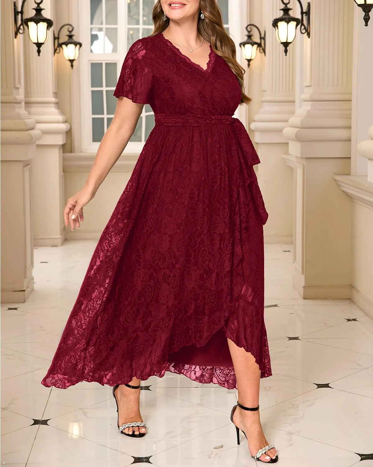 Plus Size Dresses Wedding Guest - Formal Cocktail Party Long Lace High Low Wrap V Neck Dress