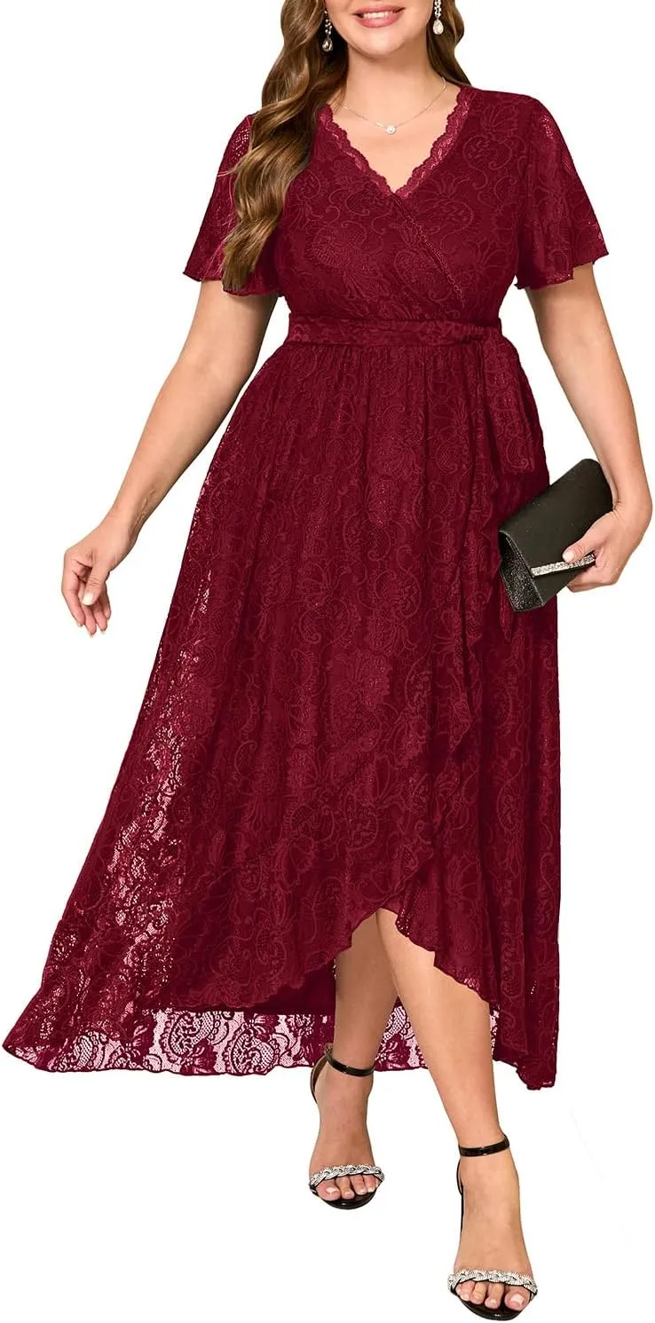 Plus Size Dresses Wedding Guest - Formal Cocktail Party Long Lace High Low Wrap V Neck Dress