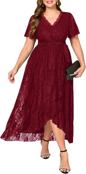 Plus Size Dresses Wedding Guest - Formal Cocktail Party Long Lace High Low Wrap V Neck Dress