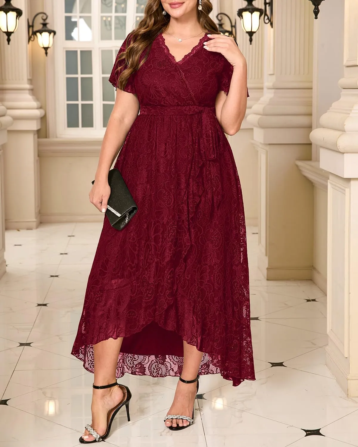 Plus Size Dresses Wedding Guest - Formal Cocktail Party Long Lace High Low Wrap V Neck Dress