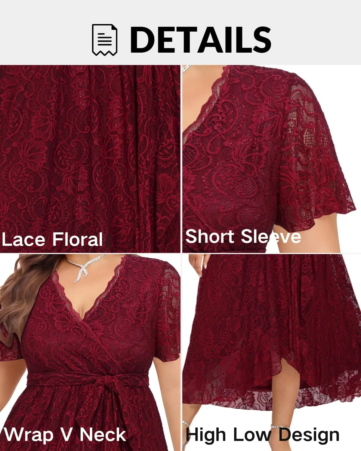 Plus Size Dresses Wedding Guest - Formal Cocktail Party Long Lace High Low Wrap V Neck Dress