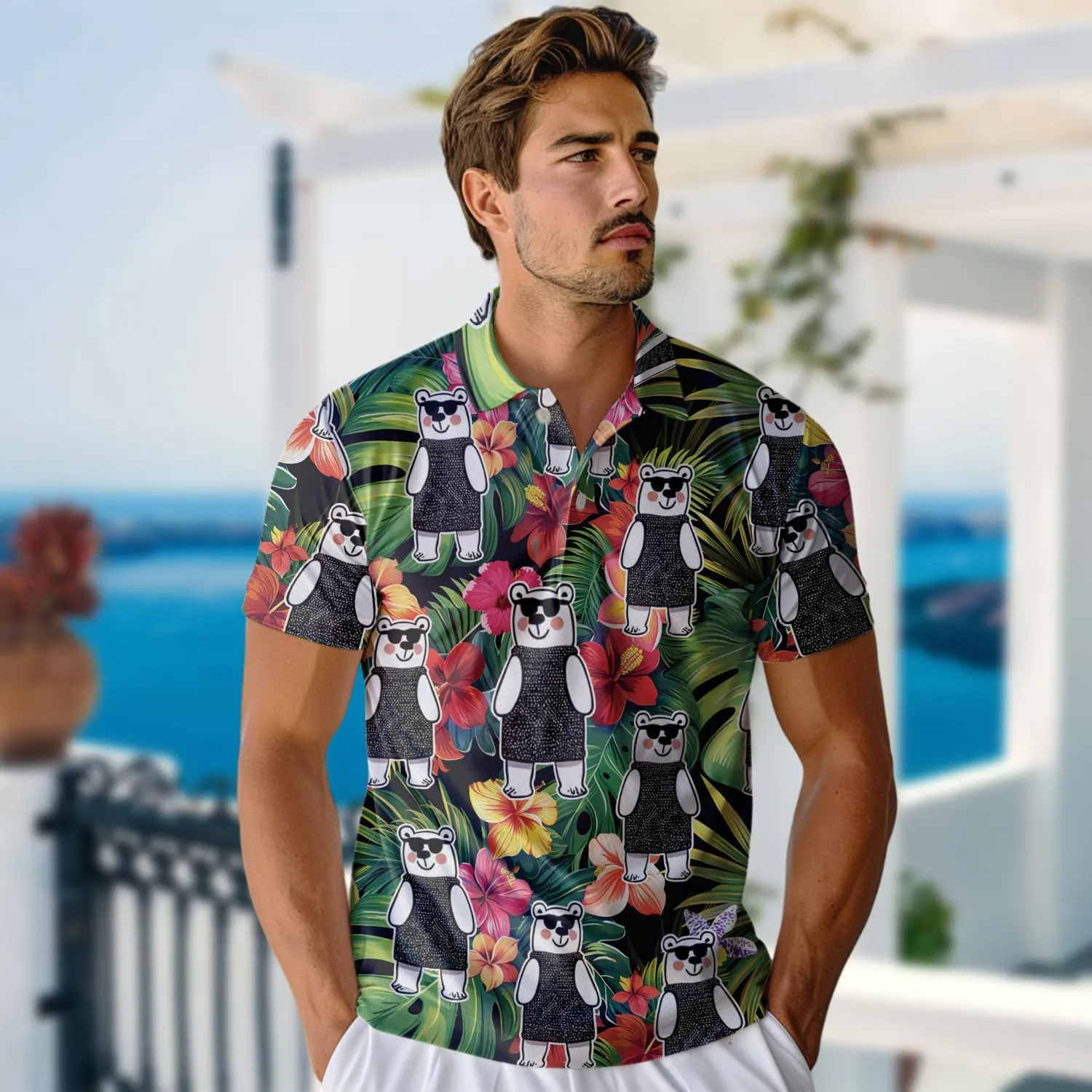 Polar Bear Polo Shirts for Men - Cute Bear Men's Regular Fit Quick Dry Golf Polo Shirt Series 03