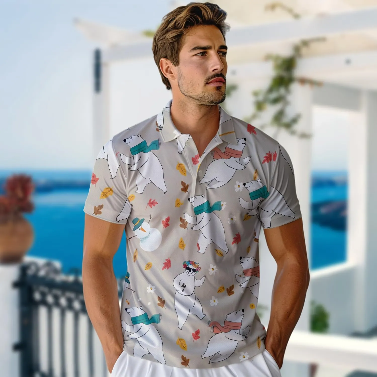 Polar Bear Polo Shirts for Men - Cute Bear Men's Regular Fit Quick Dry Golf Polo Shirt Series 03