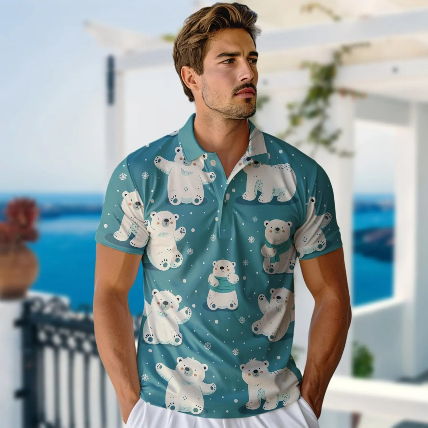 Polar Bear Polo Shirts for Men - Cute Bear Men's Regular Fit Quick Dry Golf Polo Shirt Series 03