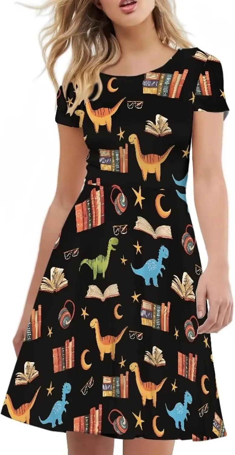 POLERO Women's Animal Dress Short Sleeve Cute Midi Dresses Casual Beach Vacation Sundress