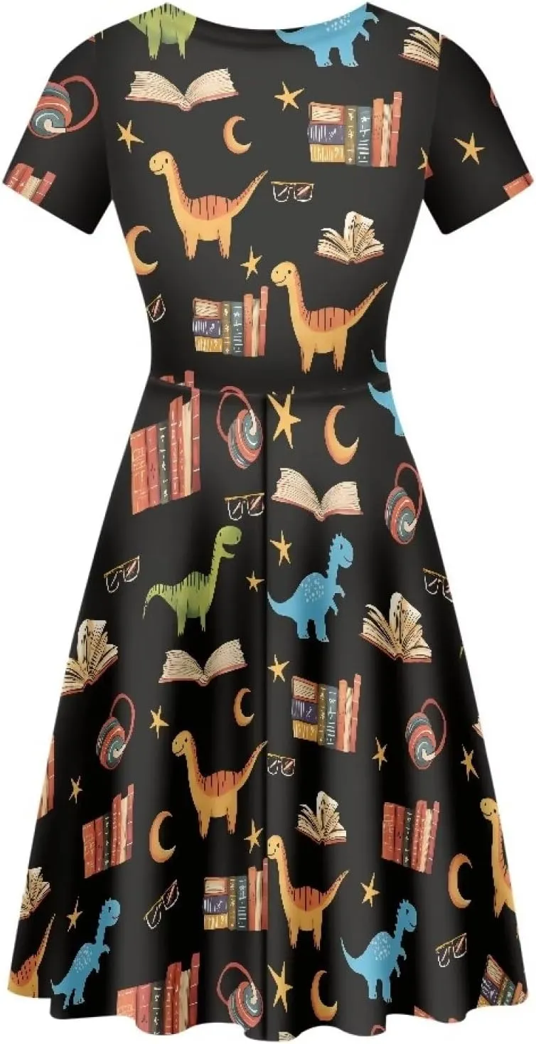 POLERO Women's Animal Dress Short Sleeve Cute Midi Dresses Casual Beach Vacation Sundress