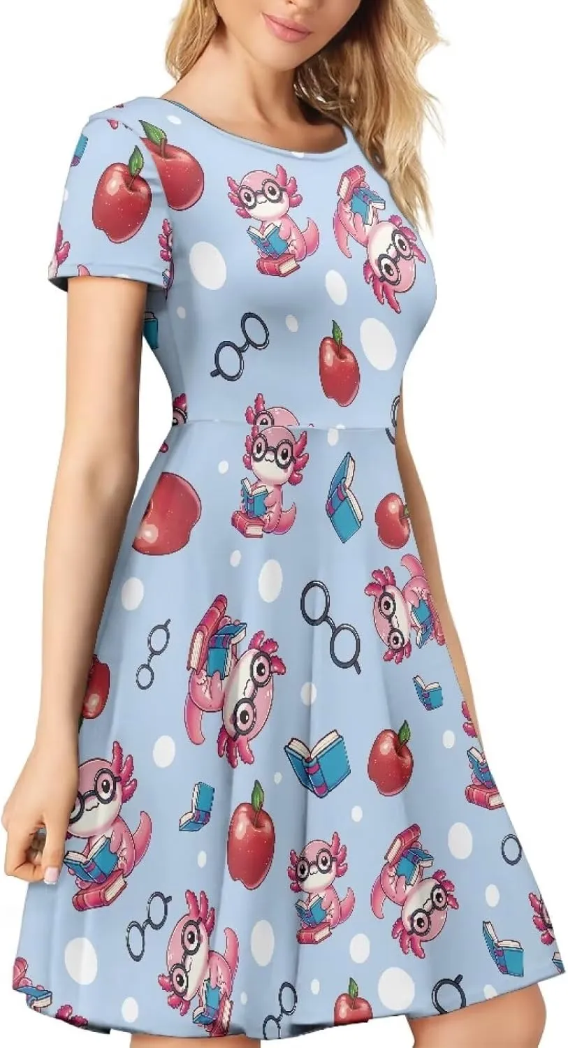 POLERO Women's Animal Dress Short Sleeve Cute Midi Dresses Casual Beach Vacation Sundress