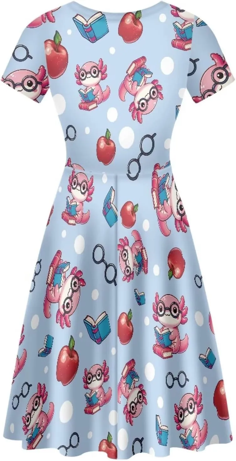 POLERO Women's Animal Dress Short Sleeve Cute Midi Dresses Casual Beach Vacation Sundress