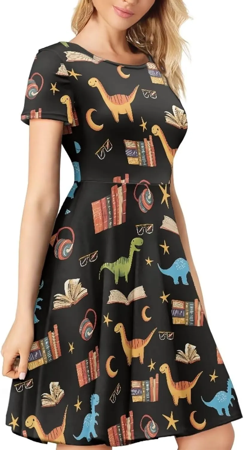 POLERO Women's Animal Dress Short Sleeve Cute Midi Dresses Casual Beach Vacation Sundress