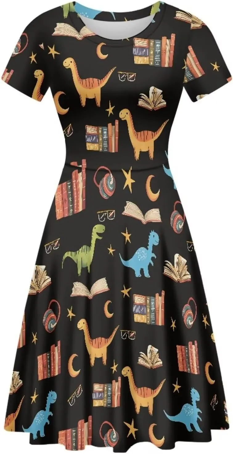 POLERO Women's Animal Dress Short Sleeve Cute Midi Dresses Casual Beach Vacation Sundress