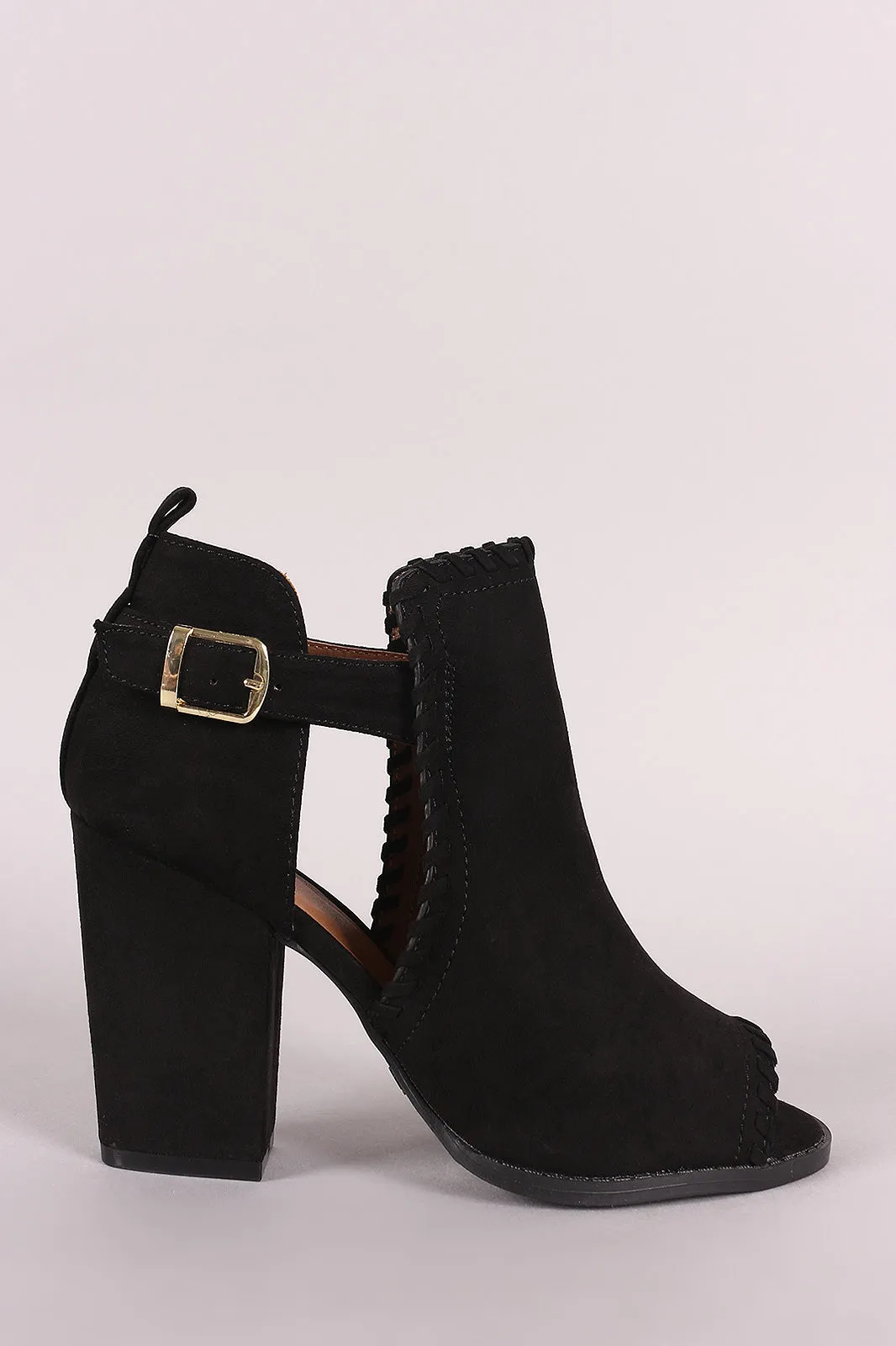 Qupid Suede Whipstitched Cutout Chunky Heeled Booties