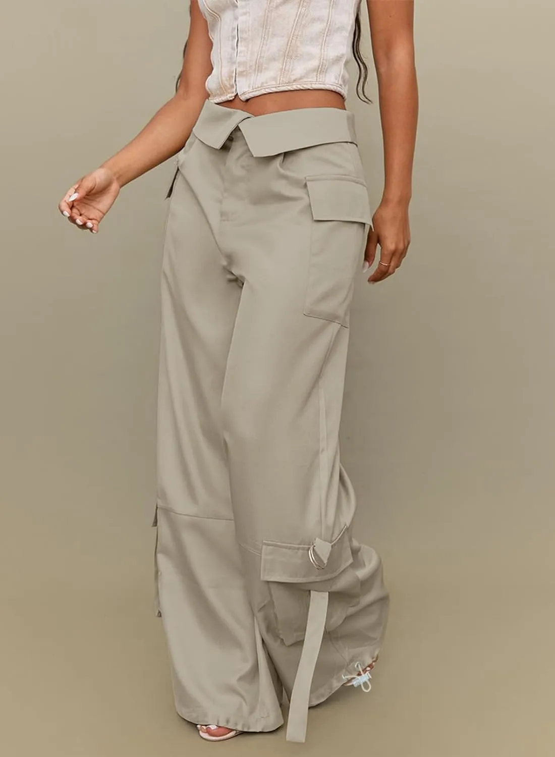 RAISECOM Cargo Pants for Women Lapel Waist Parachute Pants Casual Straight Pants with Flap Pockets