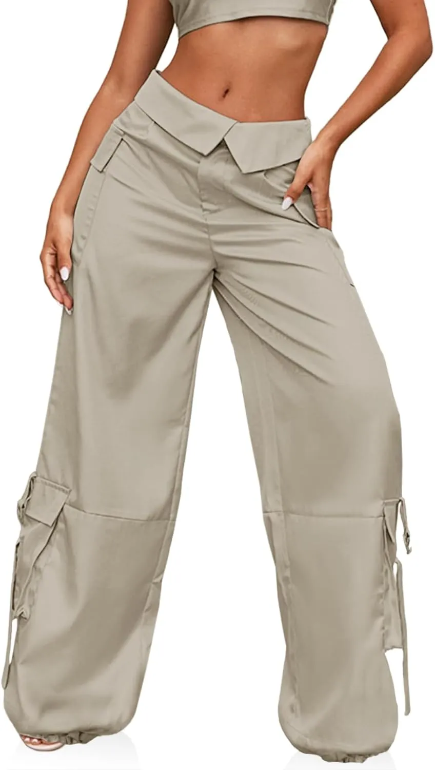 RAISECOM Cargo Pants for Women Lapel Waist Parachute Pants Casual Straight Pants with Flap Pockets