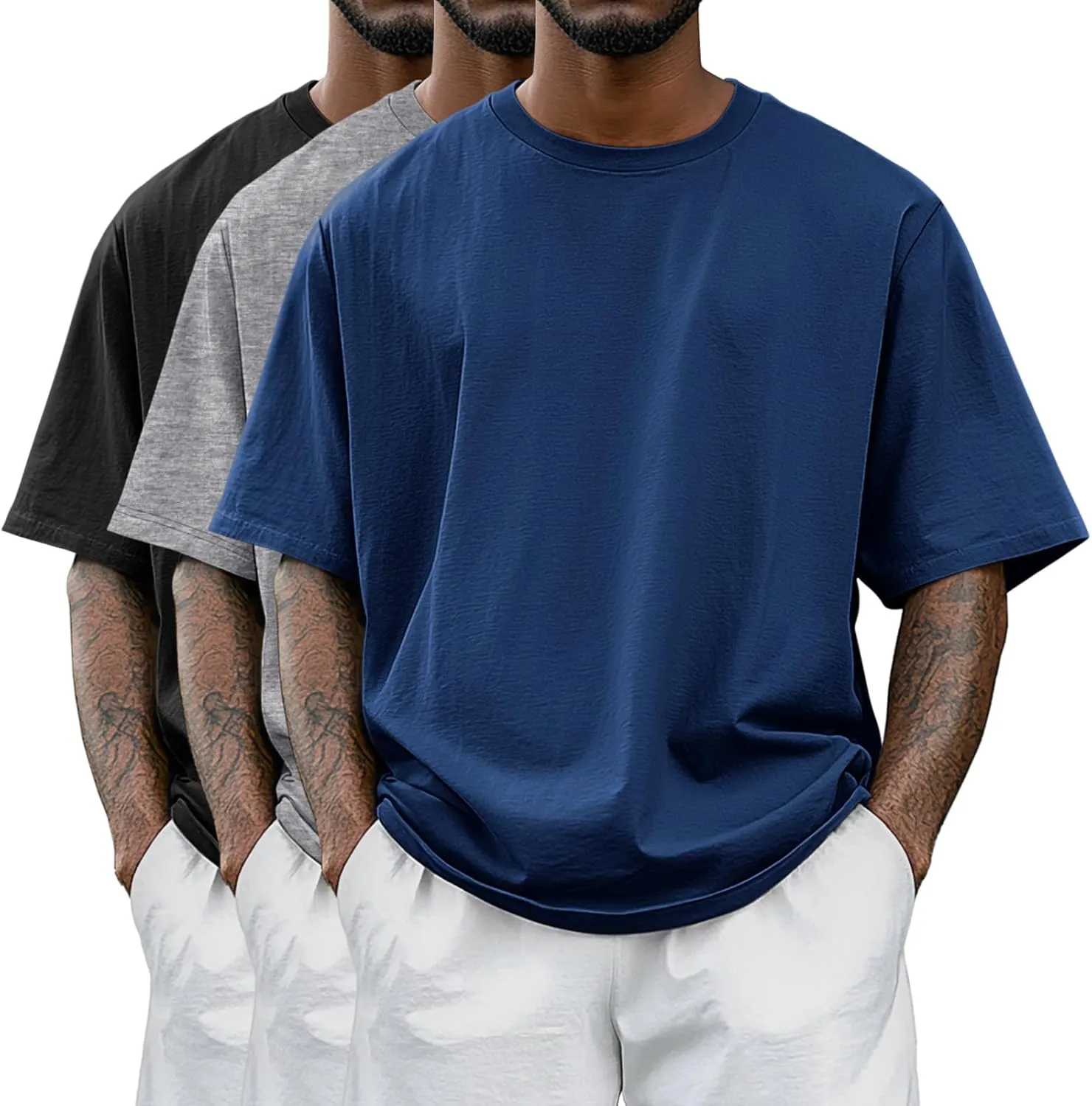 Riyiper 3 Pack Men's Big and Tall Shirts Half Sleeve Cotton Tee Crew Neck Elbow Length Top Casual Loose Fit T Shirts