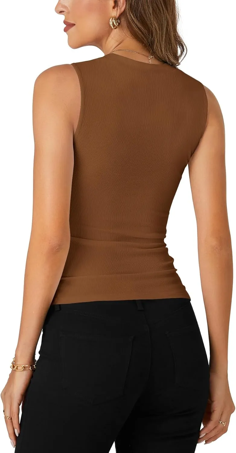 Rooscier Women's Racerback Crew High Neck Knit Ribbed Slim Fitted Casual Basic Tank Top Shirts