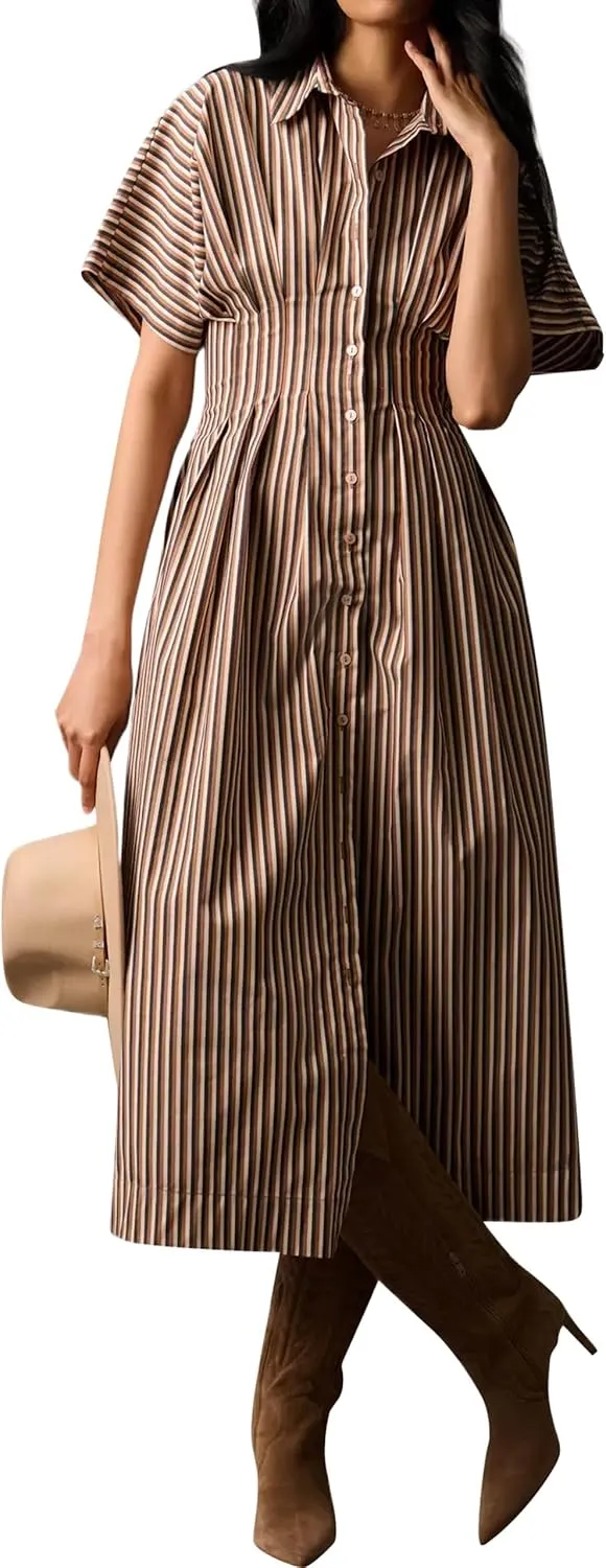 SAFRISIOR Women Button Front Pleated Mini Shirt Dress Summer Short Sleeve Striped Blouse Casual Corset Dresses