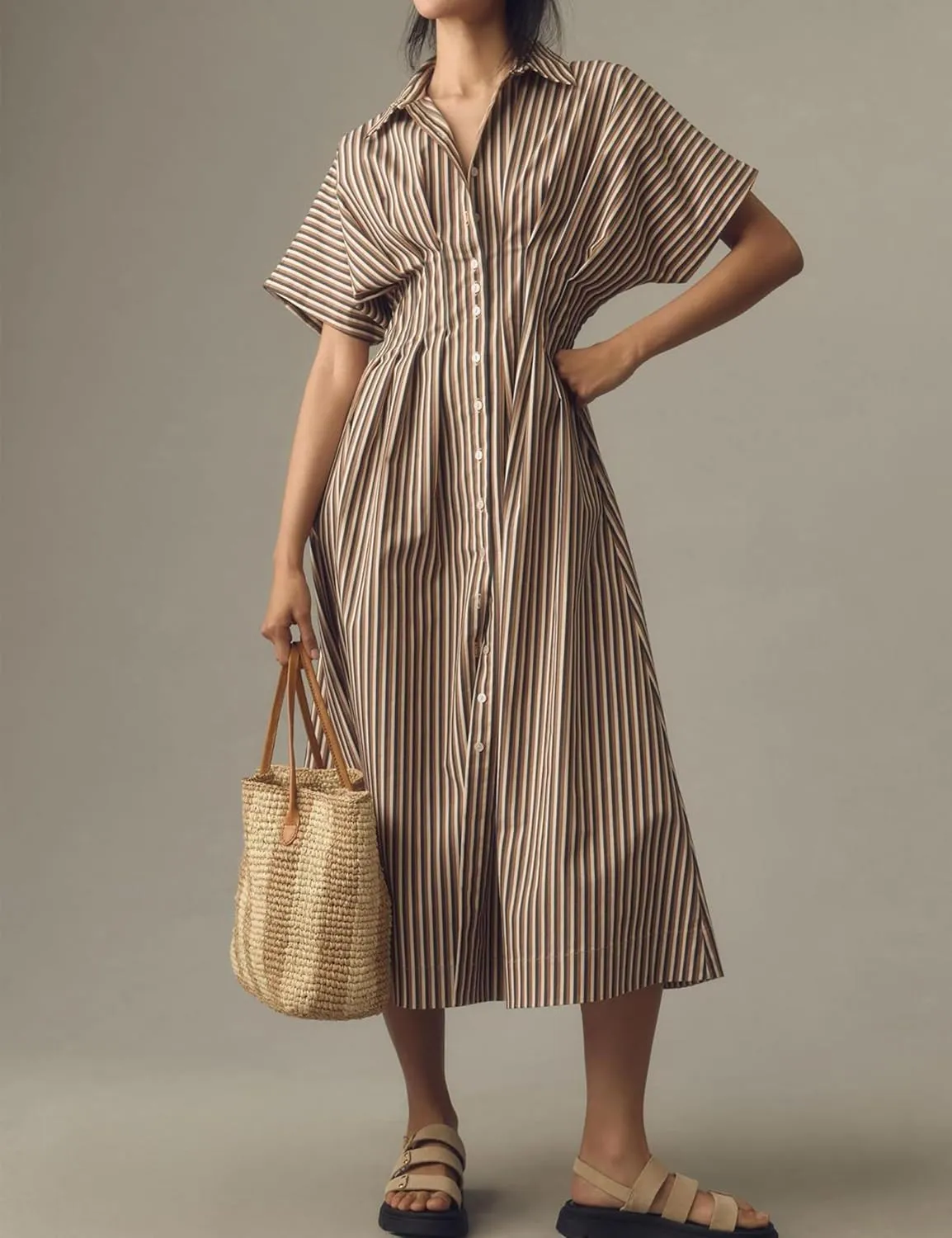 SAFRISIOR Women Button Front Pleated Mini Shirt Dress Summer Short Sleeve Striped Blouse Casual Corset Dresses