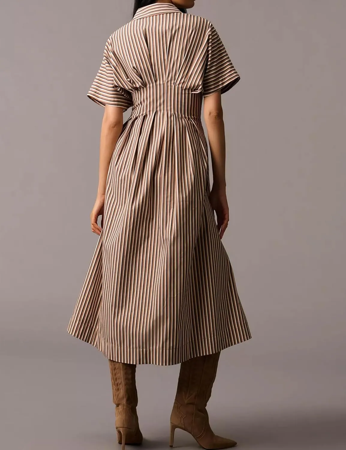 SAFRISIOR Women Button Front Pleated Mini Shirt Dress Summer Short Sleeve Striped Blouse Casual Corset Dresses
