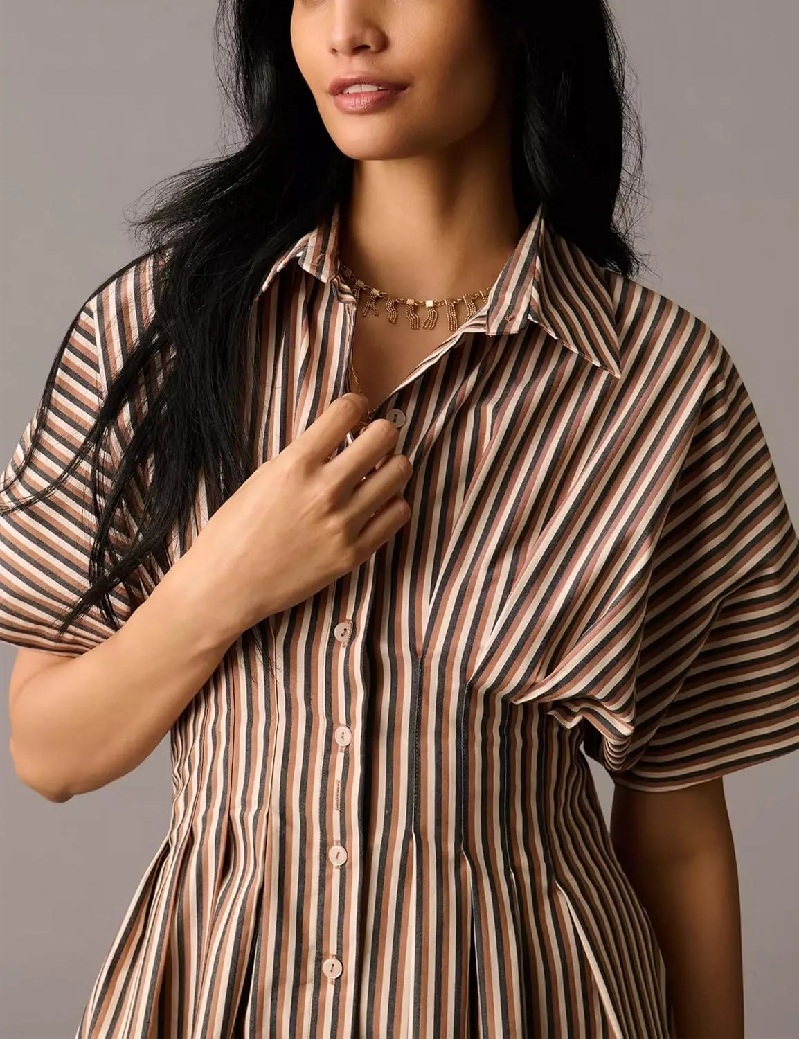 SAFRISIOR Women Button Front Pleated Mini Shirt Dress Summer Short Sleeve Striped Blouse Casual Corset Dresses