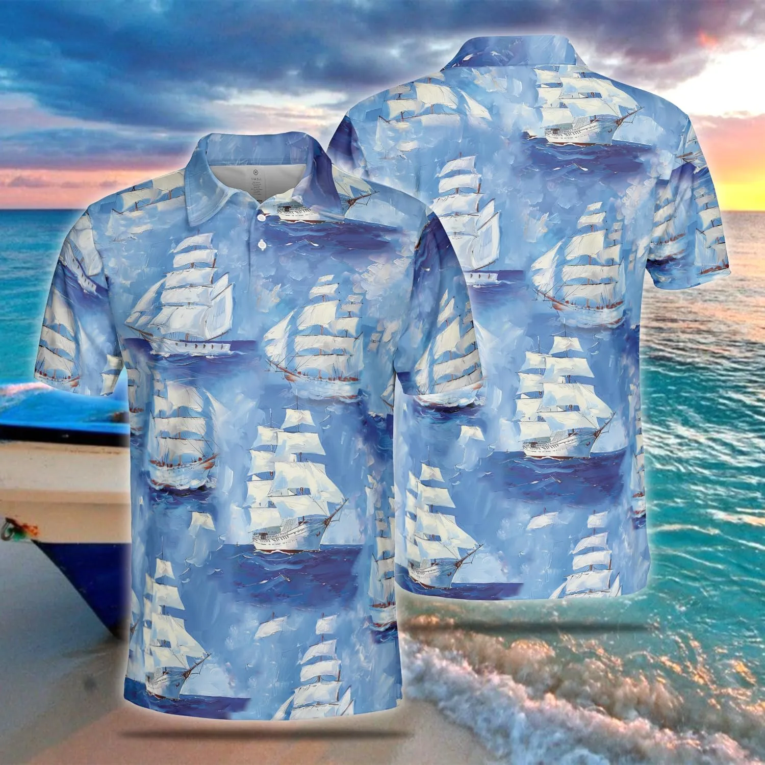 Sailor Ship Polo Shirts for Men - Boat Painting Men's Regular Fit Quick Dry Golf Polo Shirt Series 10