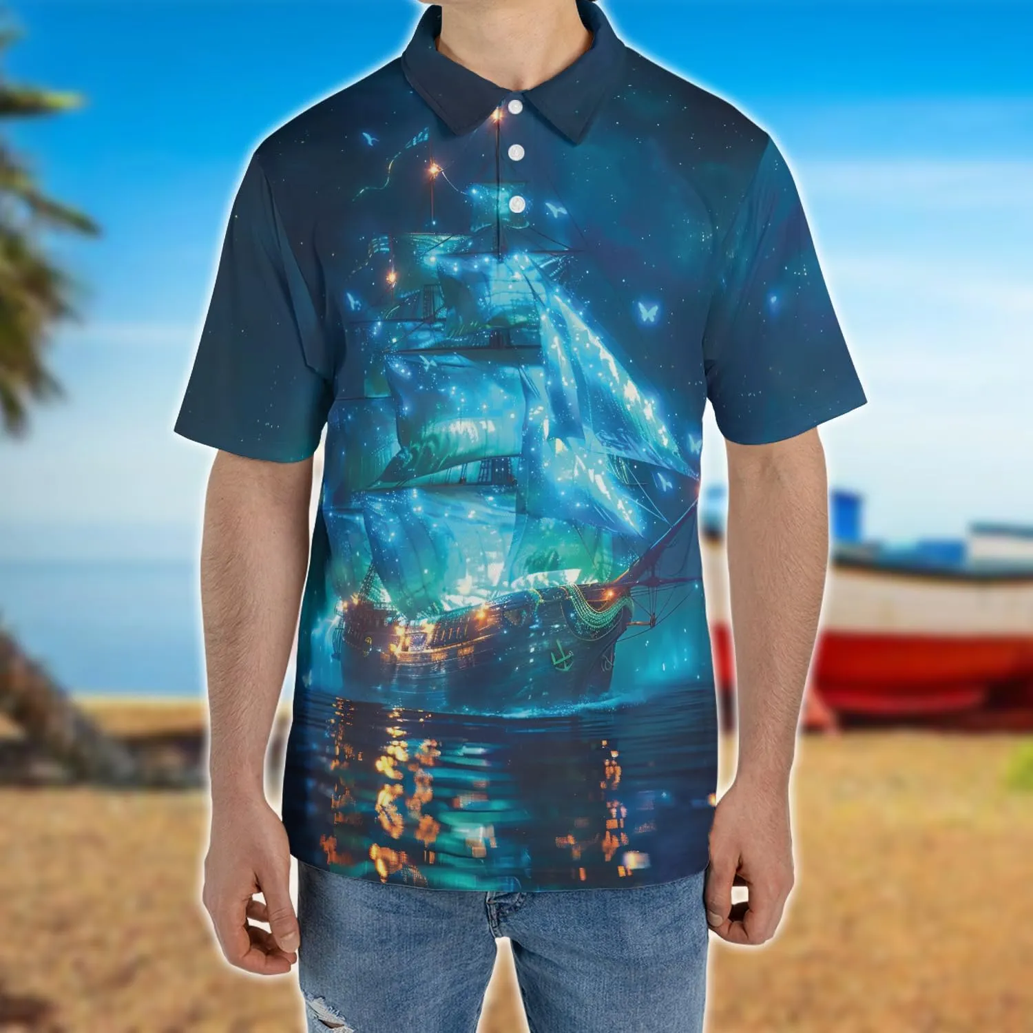 Sailor Ship Polo Shirts for Men - Boat Painting Men's Regular Fit Quick Dry Golf Polo Shirt Series 10