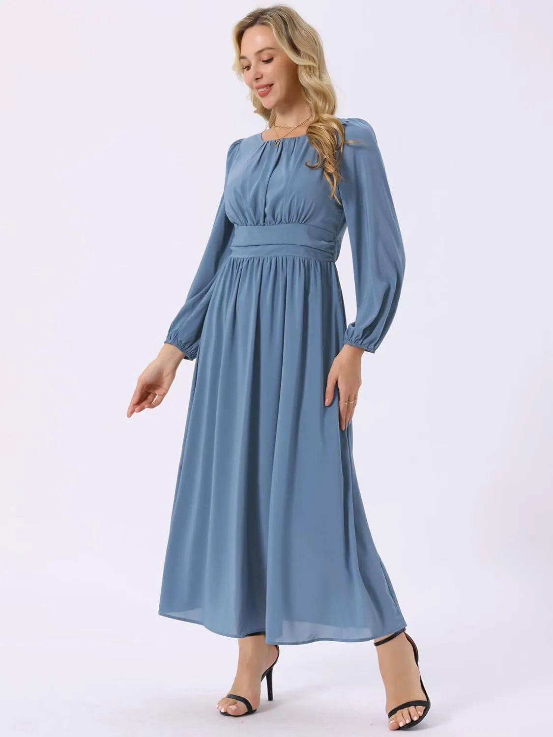 Seta T Women's Cocktail Party Dresses Crewneck Lantern Long Sleeves A-Line Chiffon Maxi Formal Dress