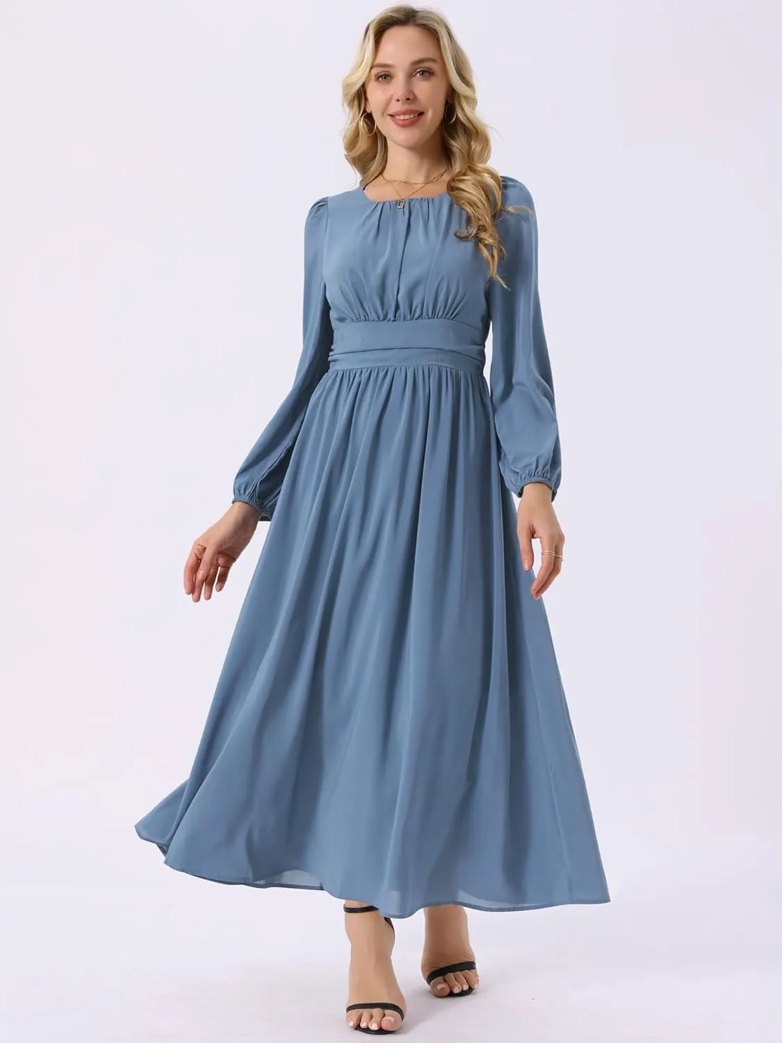 Seta T Women's Cocktail Party Dresses Crewneck Lantern Long Sleeves A-Line Chiffon Maxi Formal Dress