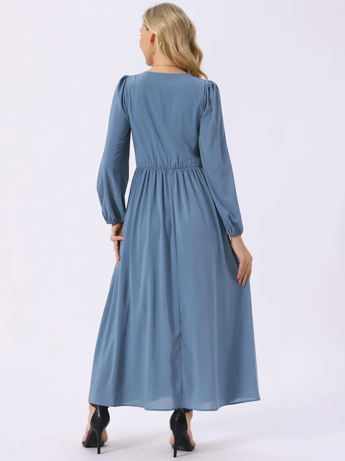 Seta T Women's Cocktail Party Dresses Crewneck Lantern Long Sleeves A-Line Chiffon Maxi Formal Dress