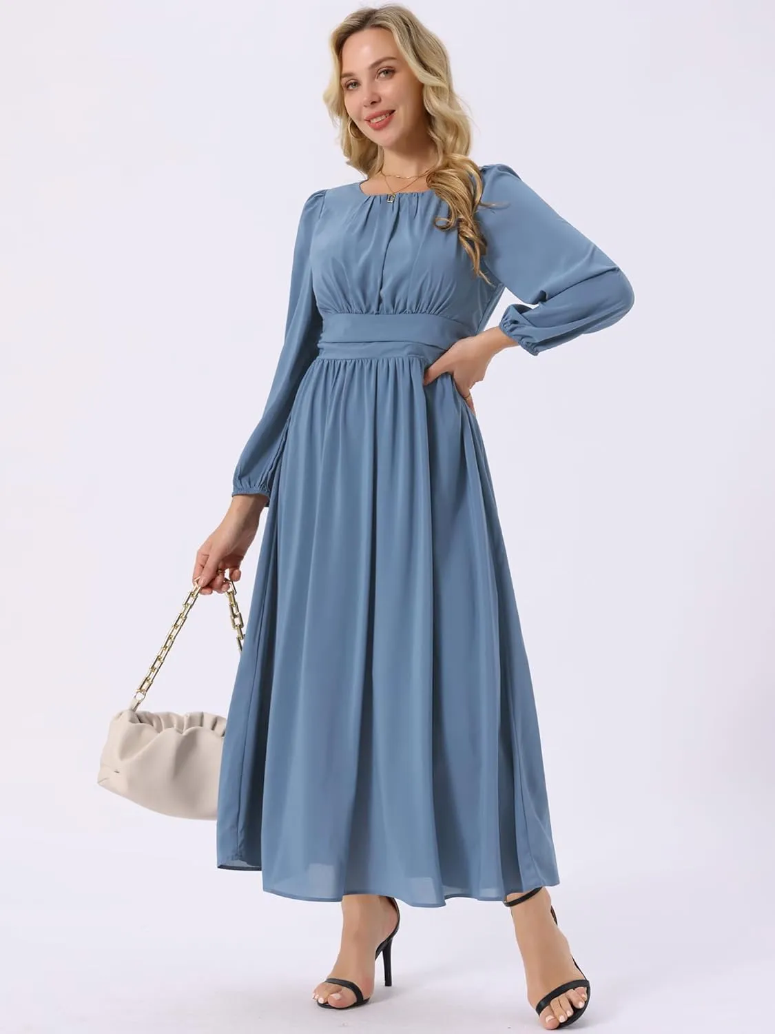 Seta T Women's Cocktail Party Dresses Crewneck Lantern Long Sleeves A-Line Chiffon Maxi Formal Dress
