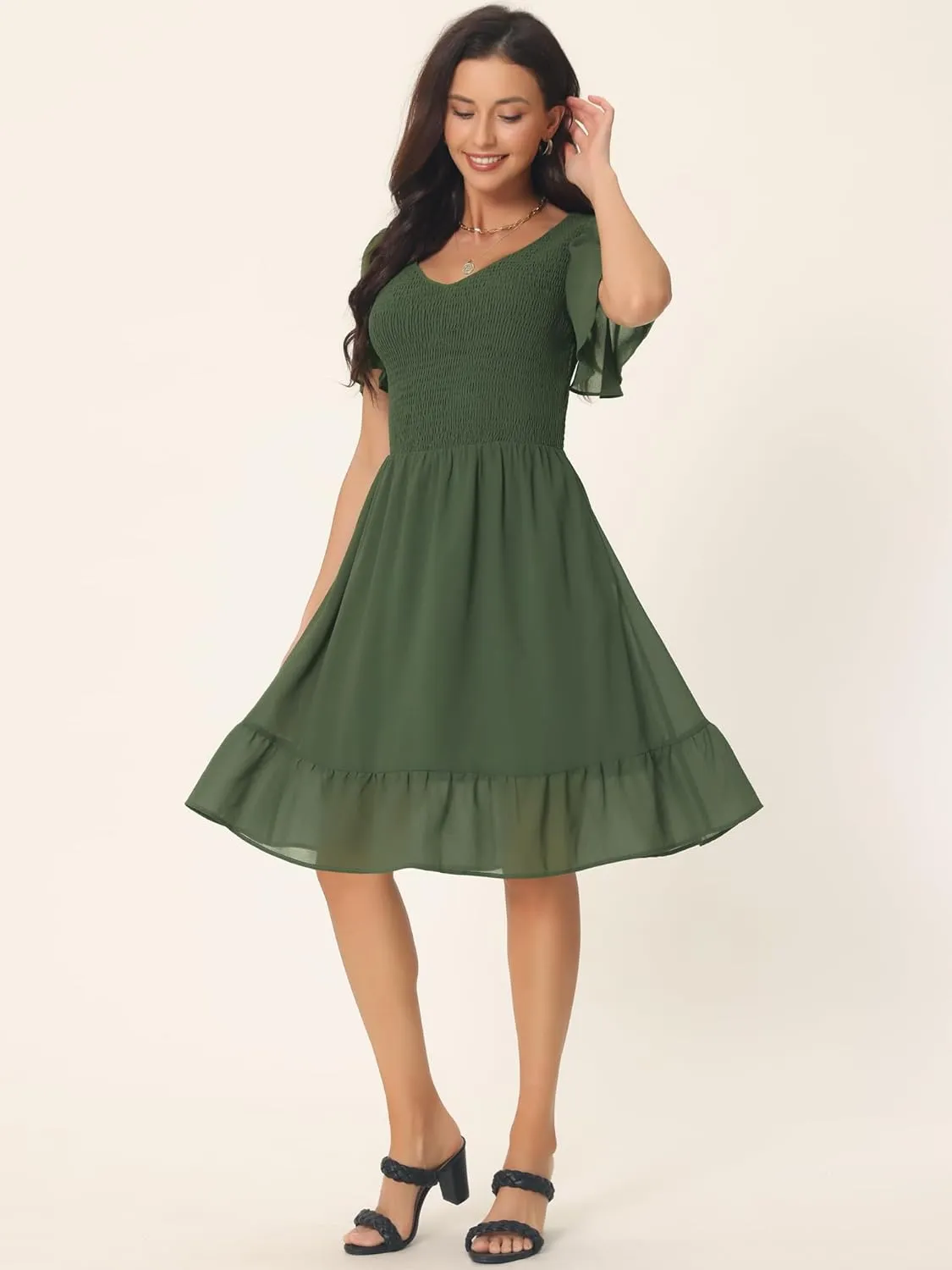 Seta T Women's Summer Chiffon Dresses Smocked V Neck Flutter Short Sleeve Flowy Casual Dress with Pockets