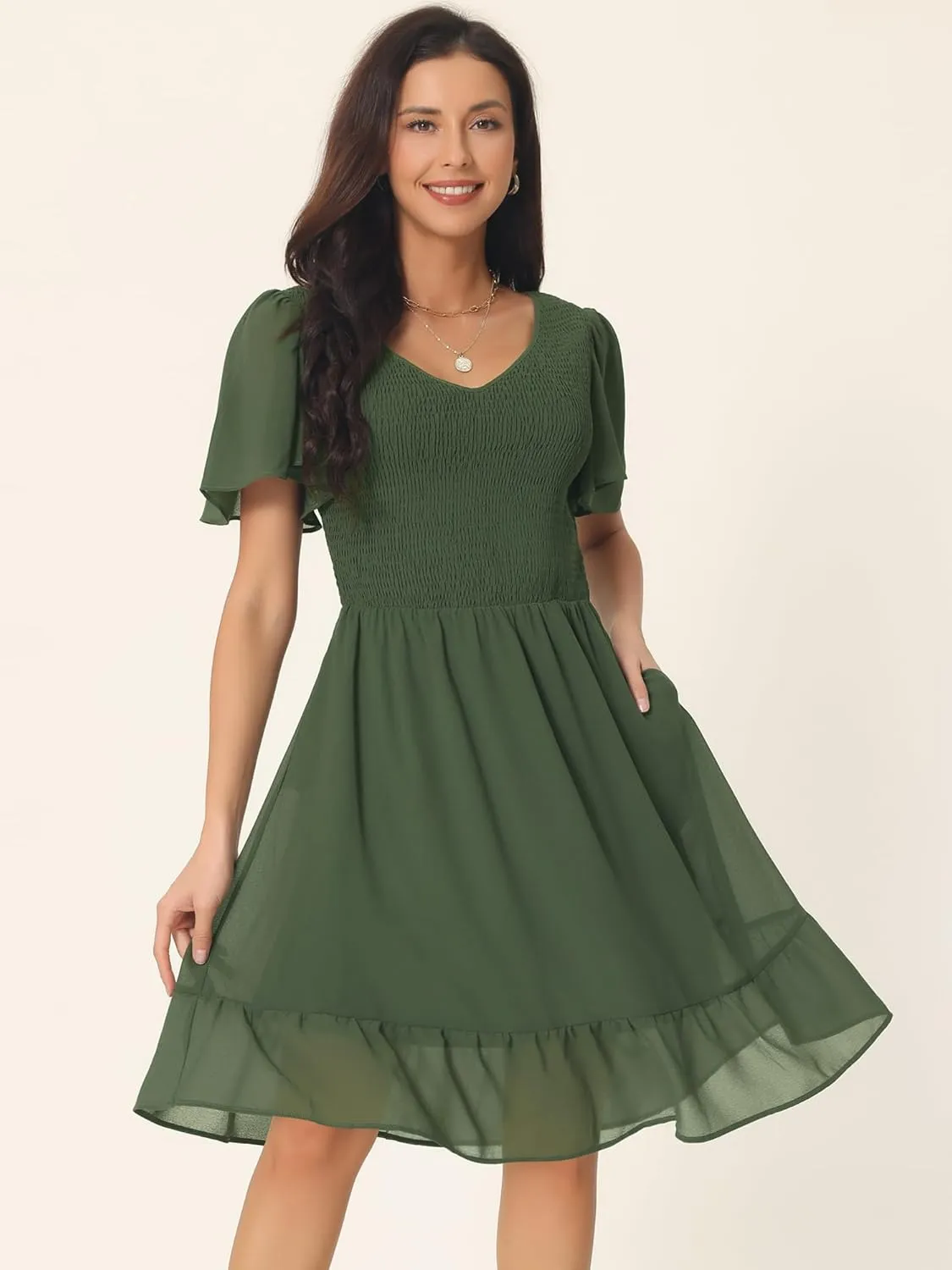 Seta T Women's Summer Chiffon Dresses Smocked V Neck Flutter Short Sleeve Flowy Casual Dress with Pockets