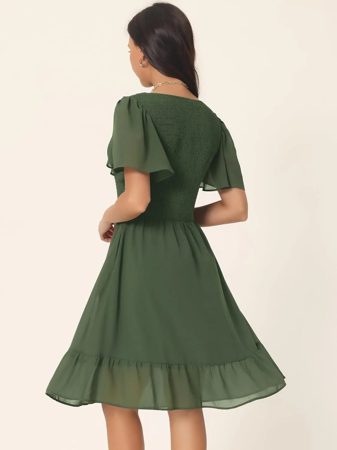 Seta T Women's Summer Chiffon Dresses Smocked V Neck Flutter Short Sleeve Flowy Casual Dress with Pockets