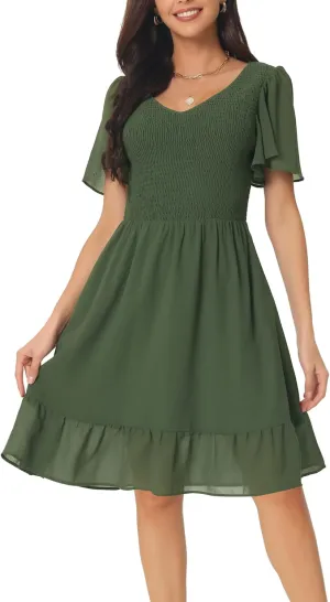 Seta T Women's Summer Chiffon Dresses Smocked V Neck Flutter Short Sleeve Flowy Casual Dress with Pockets