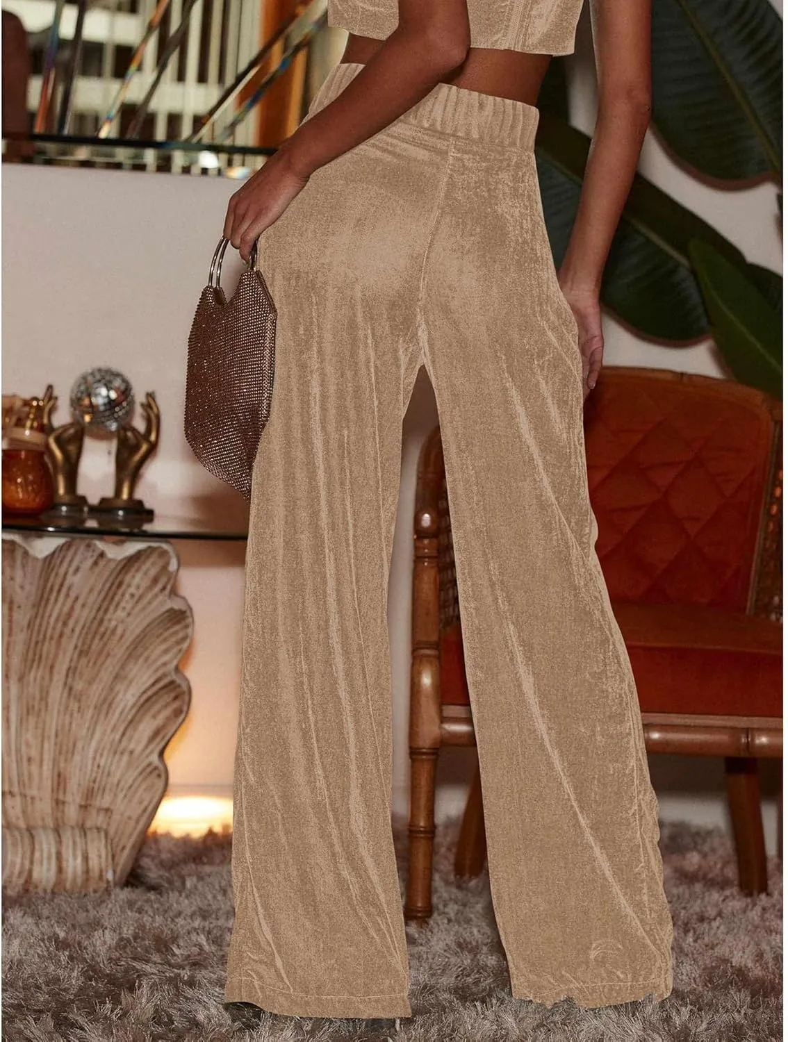 Sexyshine Women's Velvet Flare Leg High Waist Wide Leg Palazzo Pants Bell Bottom Long Flowy Trousers with Pockets