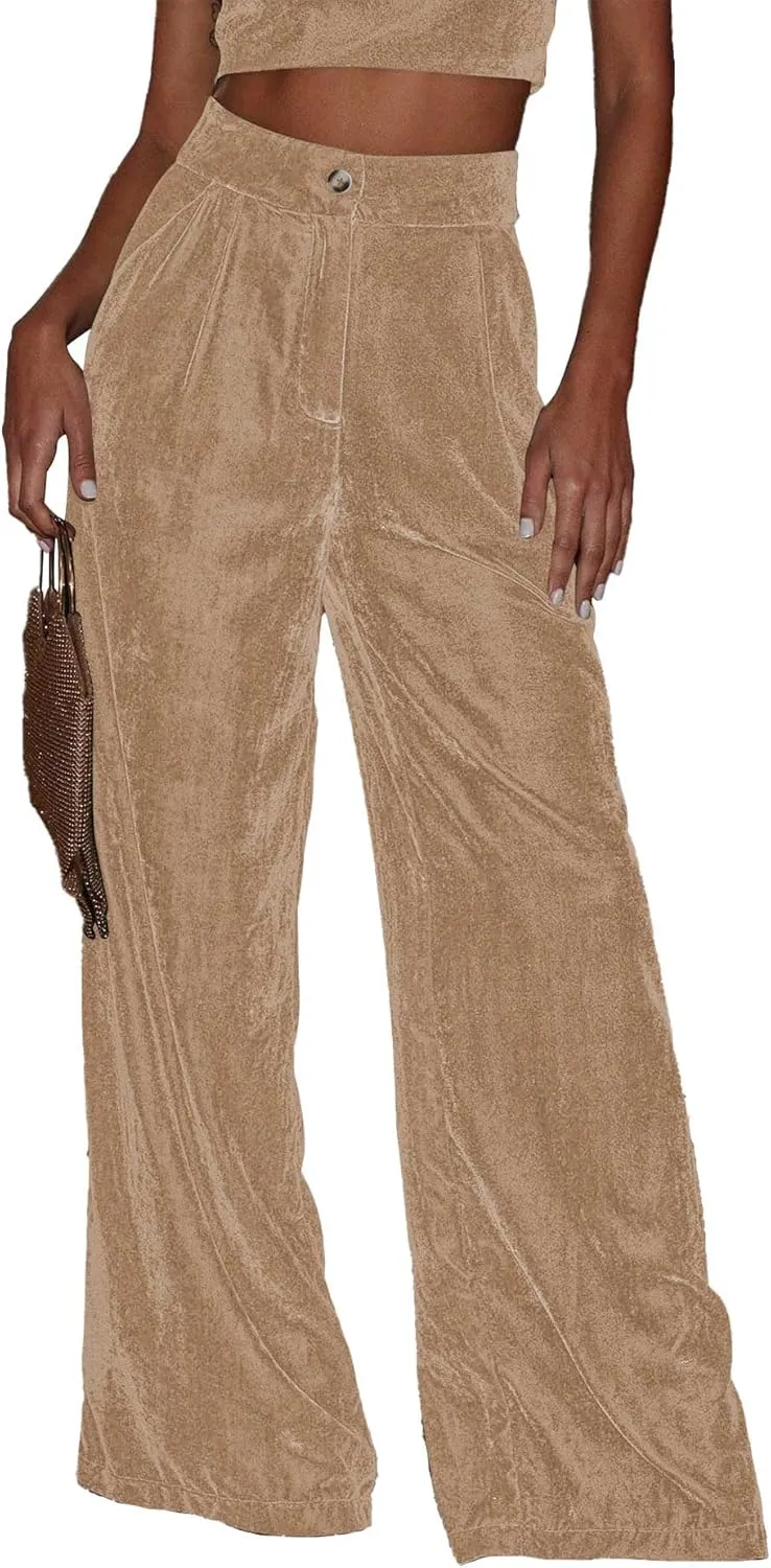 Sexyshine Women's Velvet Flare Leg High Waist Wide Leg Palazzo Pants Bell Bottom Long Flowy Trousers with Pockets