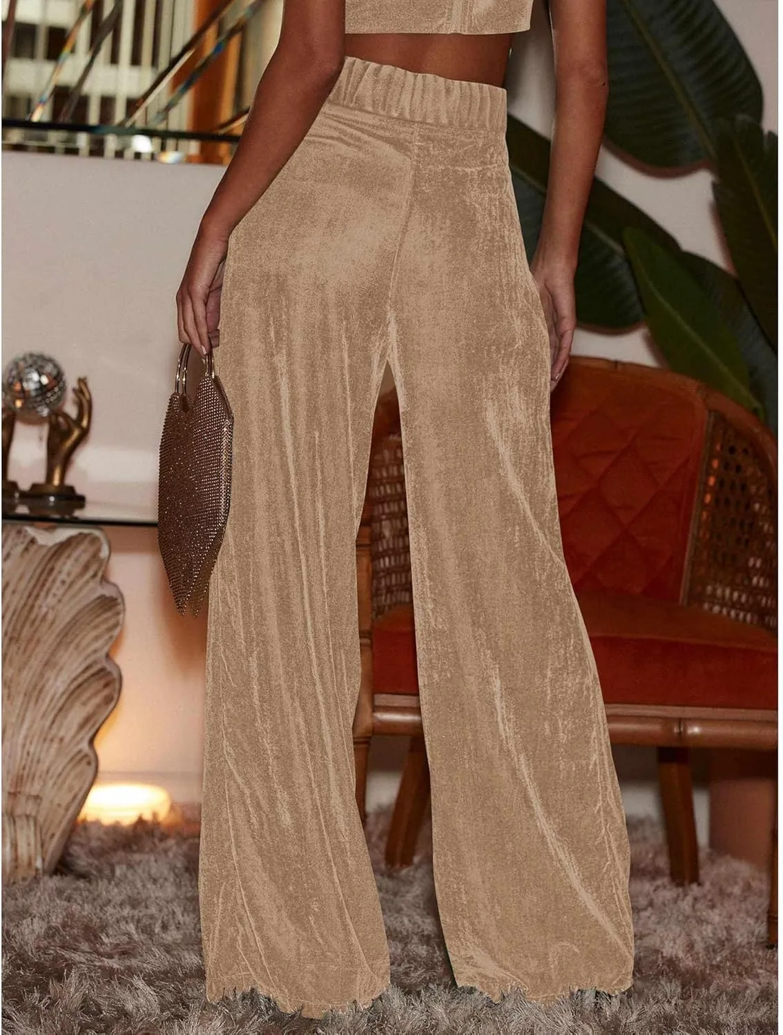Sexyshine Women's Velvet Flare Leg High Waist Wide Leg Palazzo Pants Bell Bottom Long Flowy Trousers with Pockets