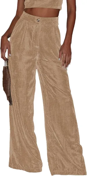 Sexyshine Women's Velvet Flare Leg High Waist Wide Leg Palazzo Pants Bell Bottom Long Flowy Trousers with Pockets