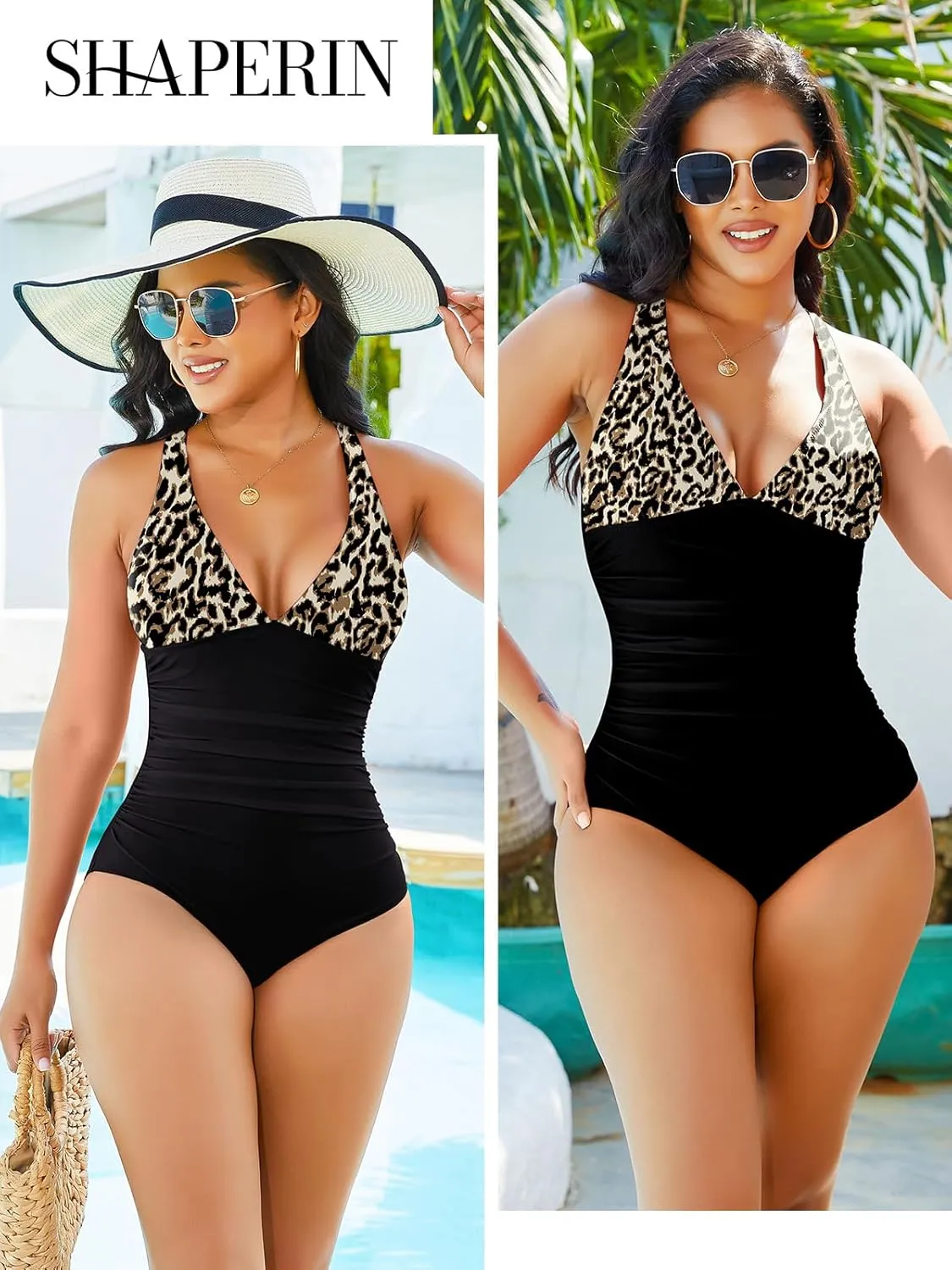 SHAPERIN Women One Piece Swimsuits Tummy Control V Neck Bathing Suits Ruched Push Up Padded Swimwear