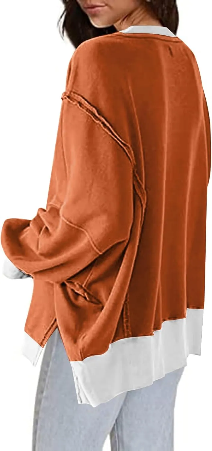 SHEWIN Womens Oversized Reverse Seam Sweatshirt Casual Long Sleeve Crewneck Lightweight Pullover Tops Loose Sweatshirts