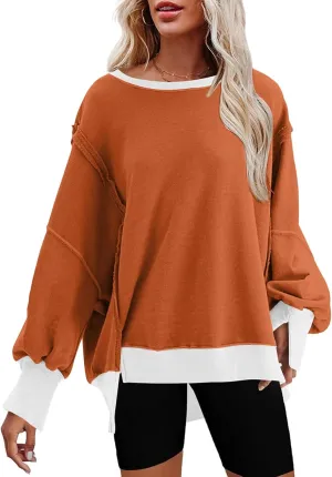 SHEWIN Womens Oversized Reverse Seam Sweatshirt Casual Long Sleeve Crewneck Lightweight Pullover Tops Loose Sweatshirts