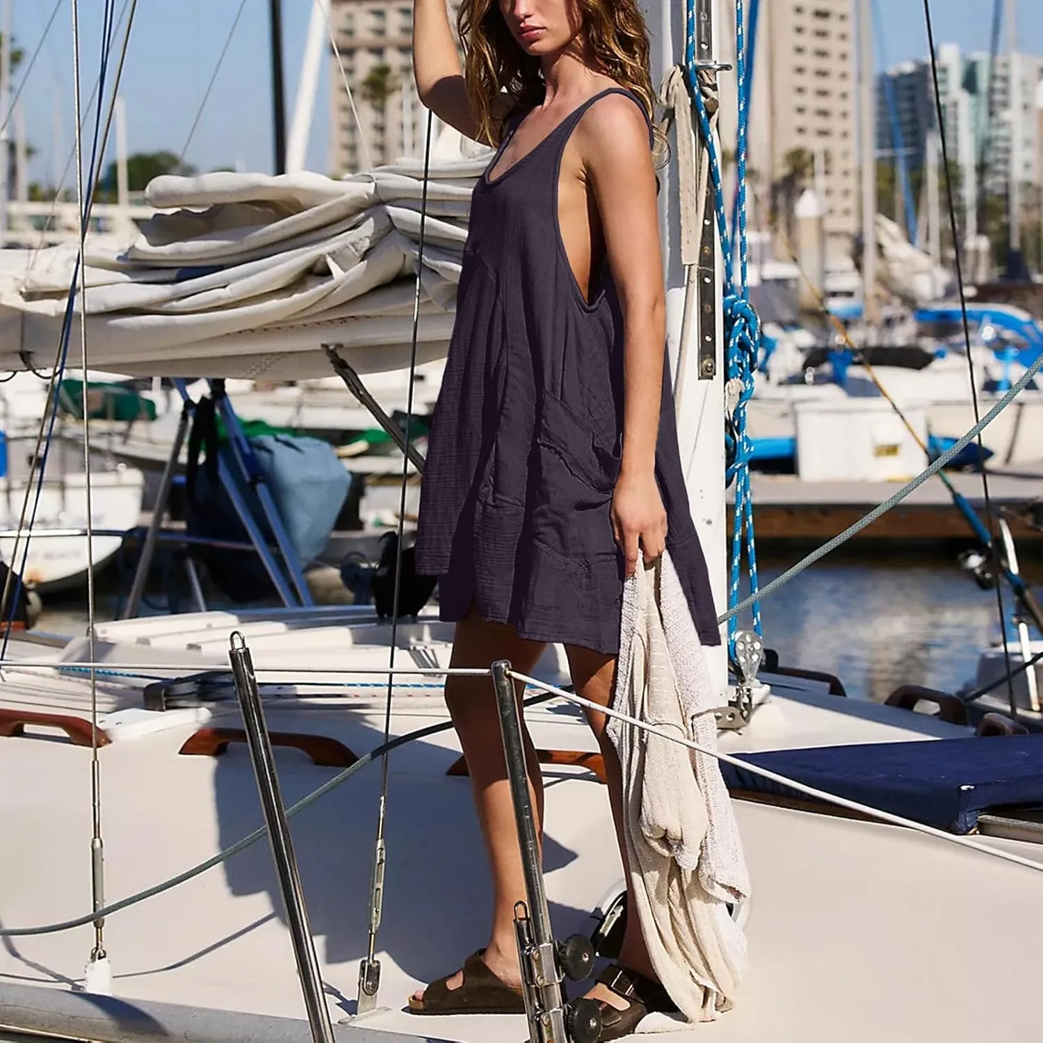 Shiyifa Women's Summer Sleeveless Mini Dress Casual Crew Neck Sundress with Pockets