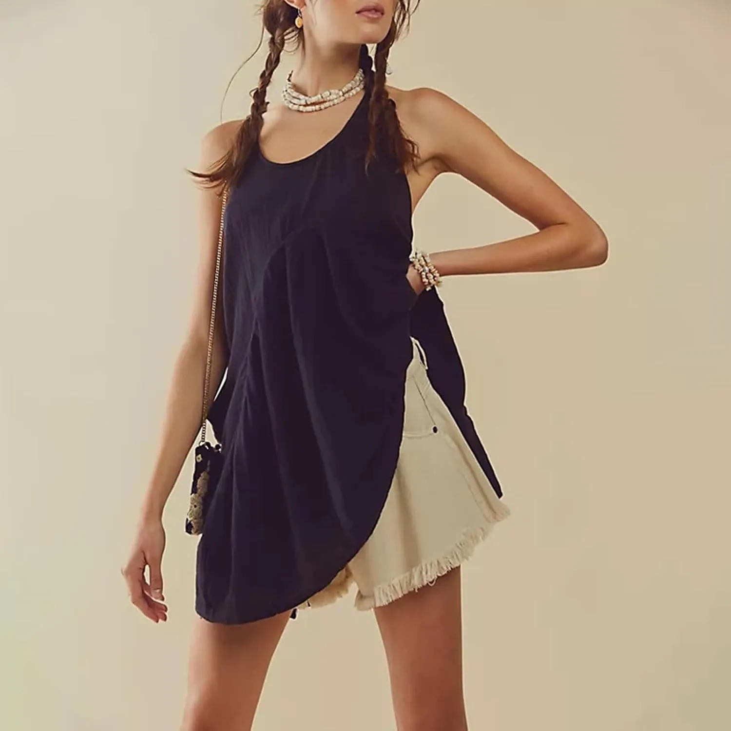 Shiyifa Women's Summer Sleeveless Mini Dress Casual Crew Neck Sundress with Pockets