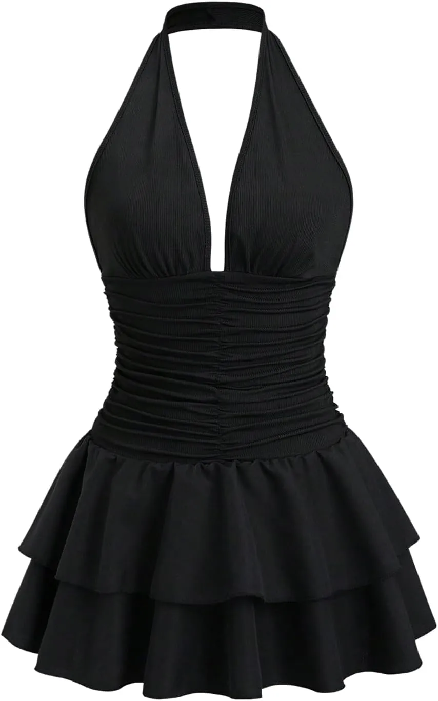 SOLY HUX Women's Halter Deep V Neck Ruffle Mini Dresses Sleeveless Flowy Sundresses Party Clubwear