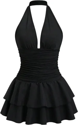 SOLY HUX Women's Halter Deep V Neck Ruffle Mini Dresses Sleeveless Flowy Sundresses Party Clubwear