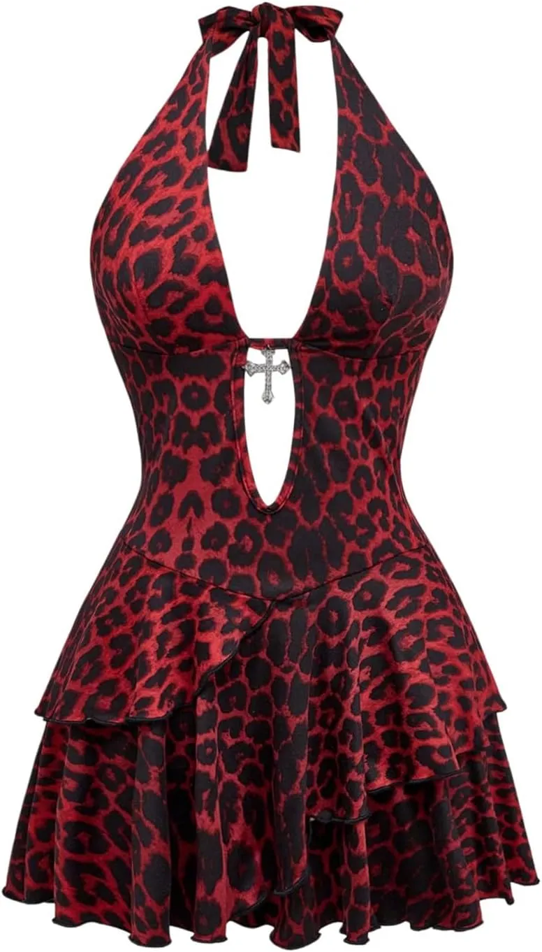 SOLY HUX Women's Leopard Print Halter Dress Y2k Gothic Deep V Neck Layered Ruffle Mini Dresses