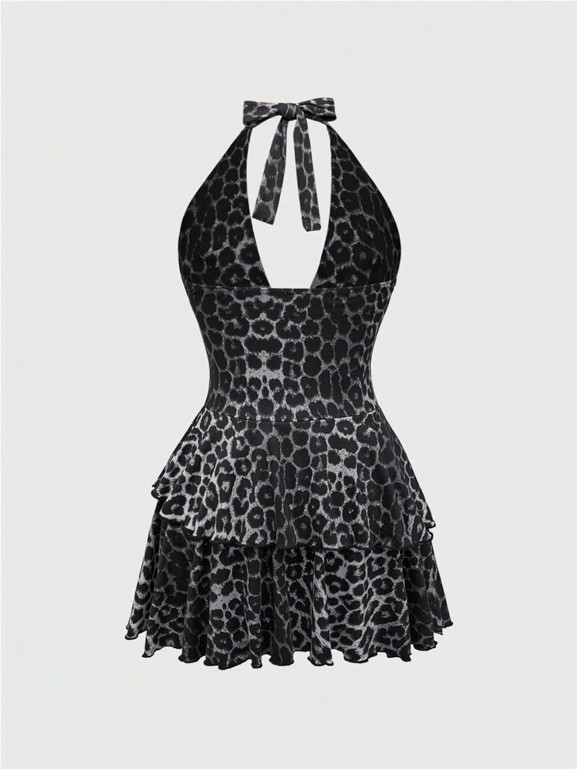SOLY HUX Women's Leopard Print Halter Dress Y2k Gothic Deep V Neck Layered Ruffle Mini Dresses