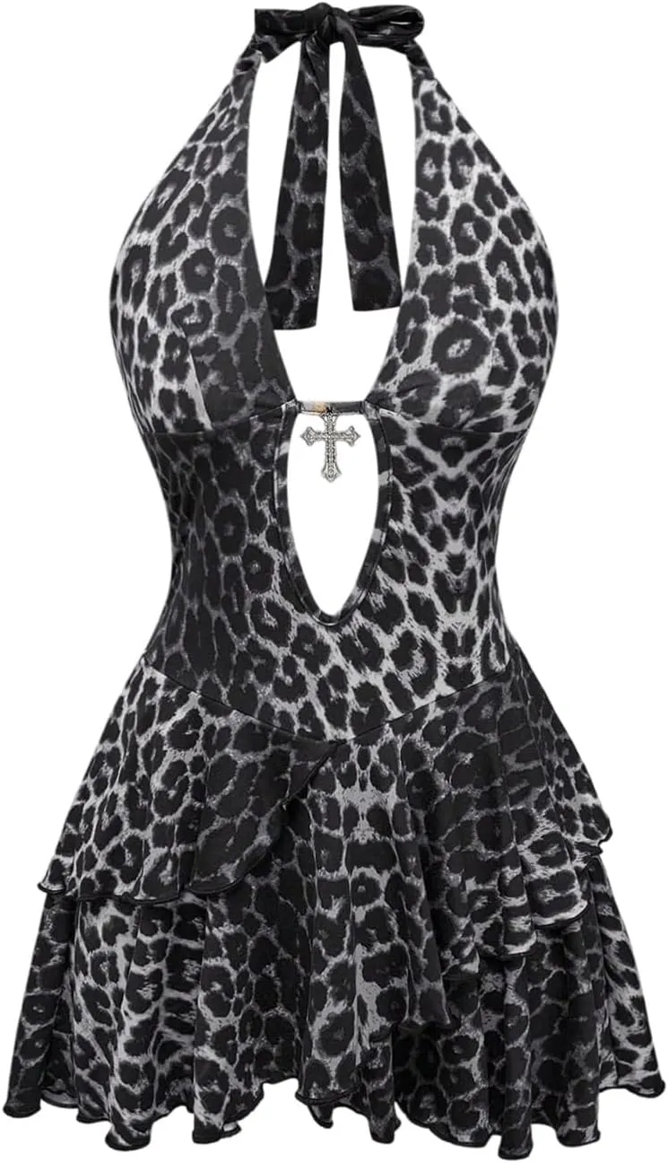 SOLY HUX Women's Leopard Print Halter Dress Y2k Gothic Deep V Neck Layered Ruffle Mini Dresses