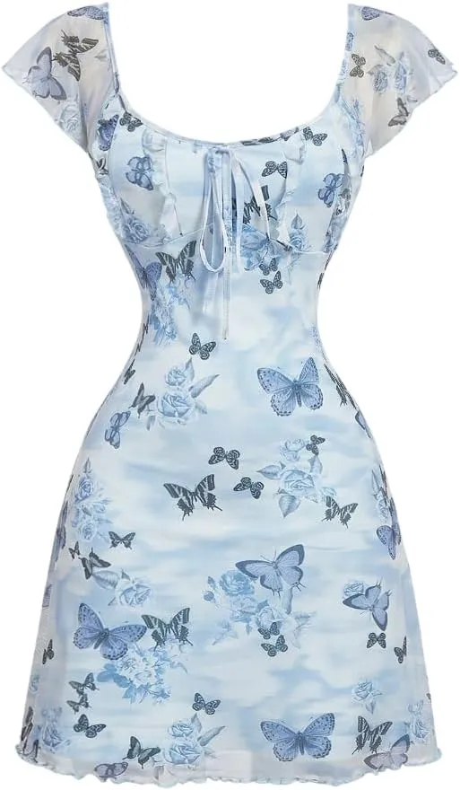 SOLY HUX Women's Vintage Floral Dress Summer Cap Sleeve Mini Dresses Going Out Beach Short Dress