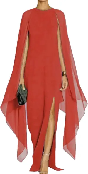 SOMTHRON Women's Elegant High Split Flare Cape Sleeve Chiffon Long Dress Evening Gown Cocktail Maxi Formal Dress